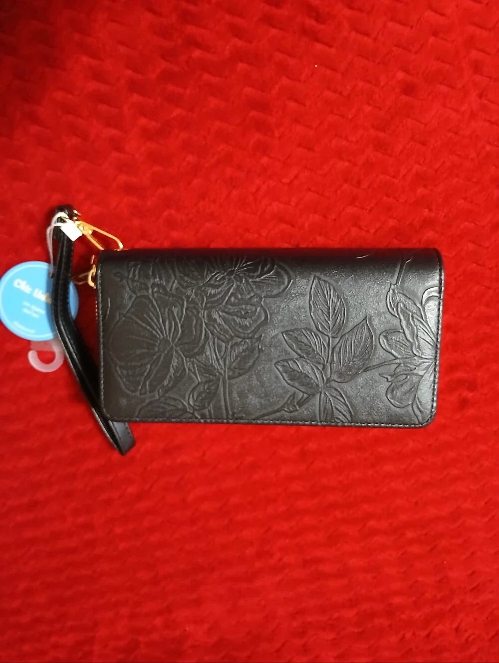 Black Floral-Embossed Wristlet Wallet with Gold Rose Accent